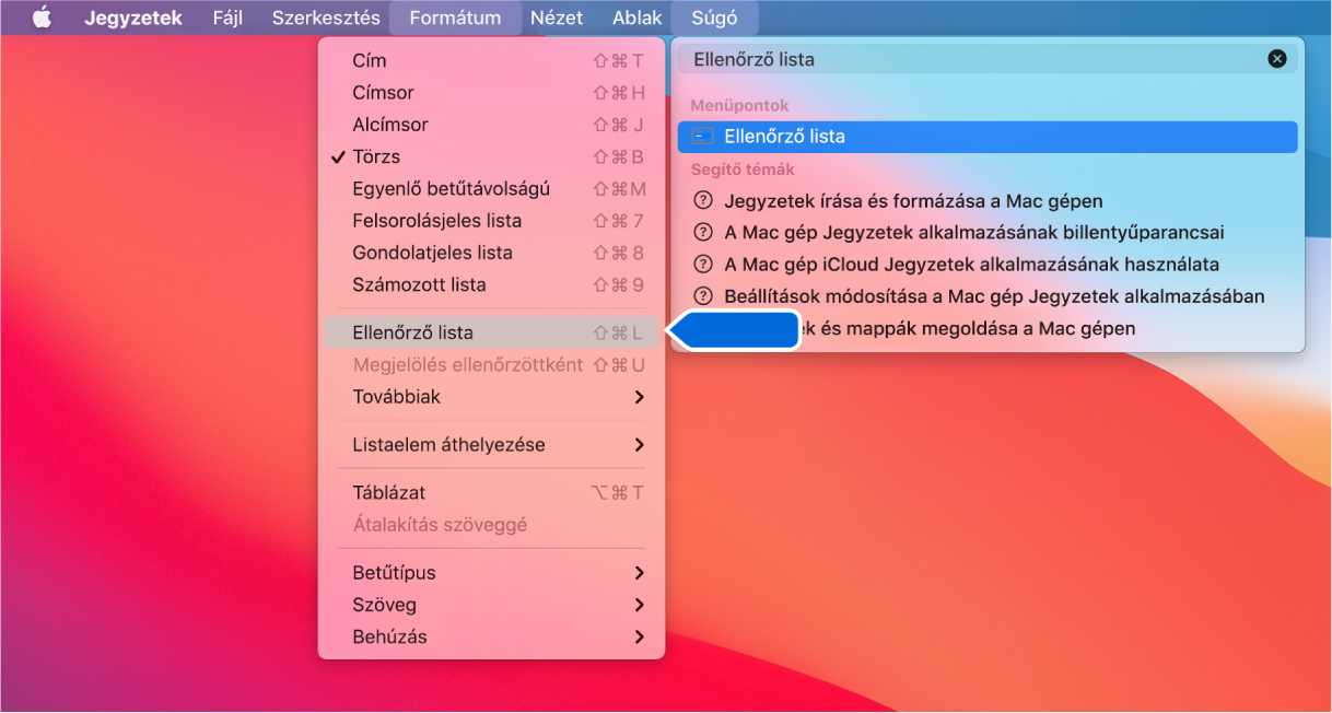 A súgó menü, amelyben a „lista” keresőkifejezés látható, továbbá a Felsorolásjeles lista parancs, amely a találatok listáján és a Formátum menüben egyaránt ki van emelve.