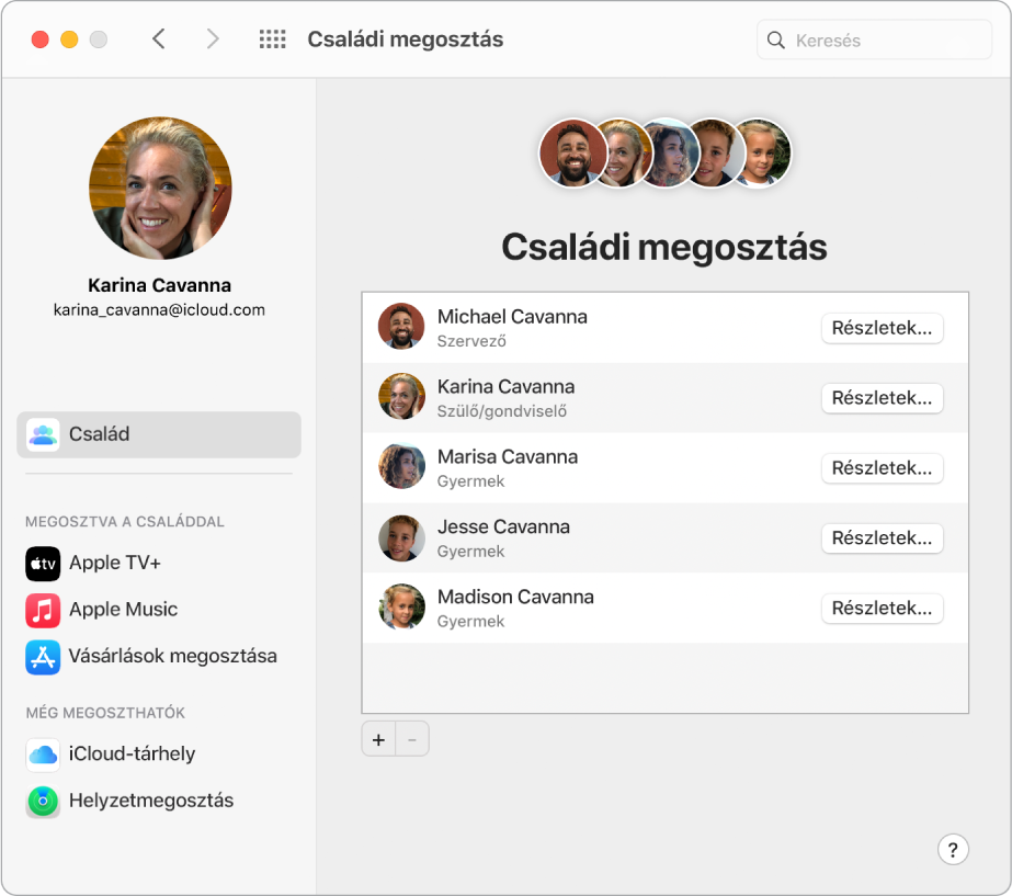 A beállítások ablak a Családi megosztás beállításaival.