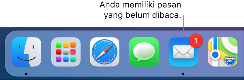 Satu bagian di Dock menampilkan ikon app Mail, dengan tanda yang mengindikasikan pesan belum dibaca.