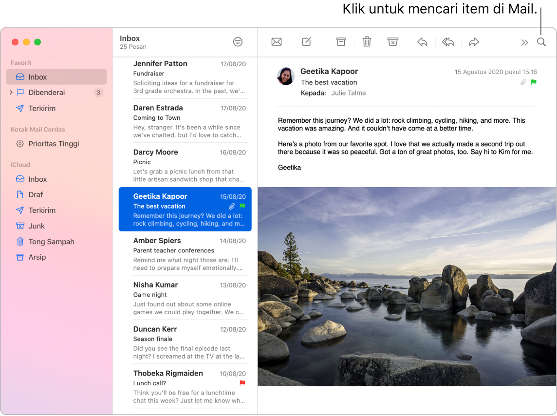 Jendela Mail menampilkan bar samping di kiri dengan Favorit, Kotak Mail Cerdas, dan folder iCloud, daftar pesan di samping bar samping, dan konten pesan yang dipilih di kanan.