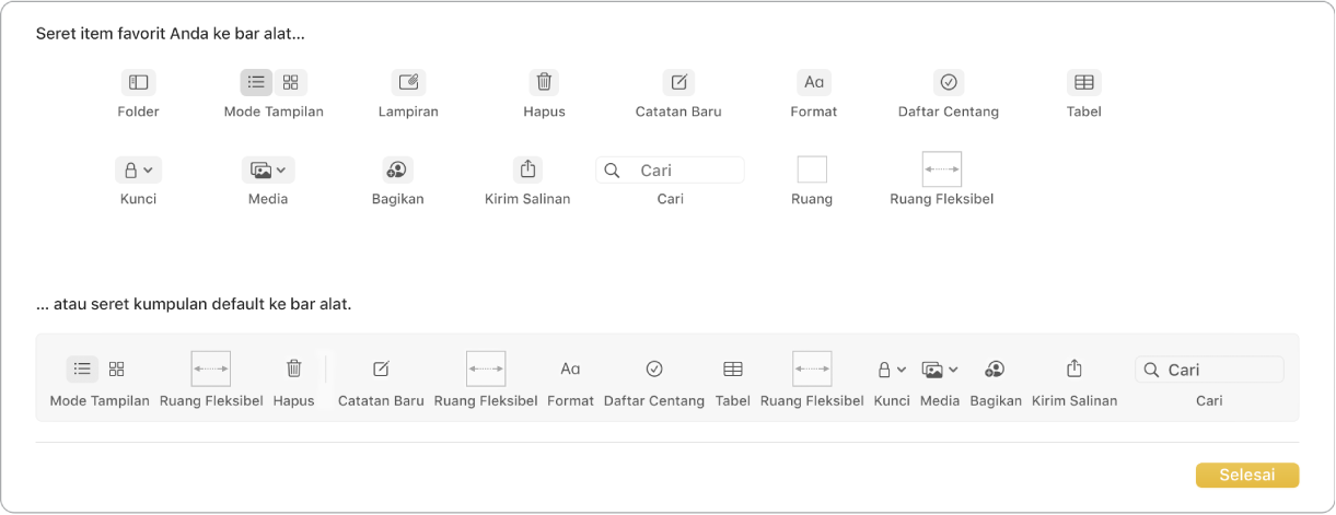 Jendela Catatan menampilkan pilihan sesuaikan bar alat yang tersedia.