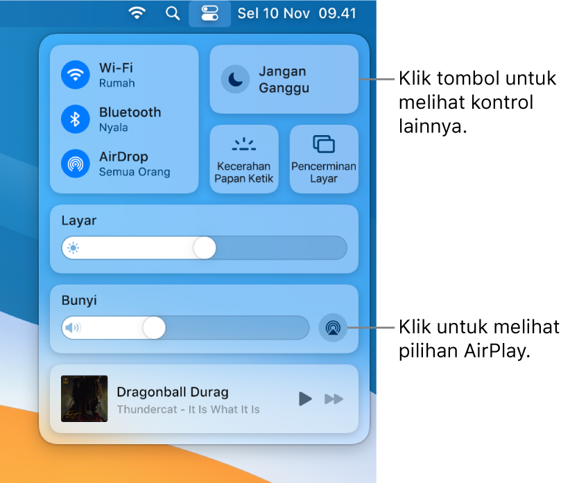Tampilan Pusat Kontrol yang diperbesar di Mac Anda.