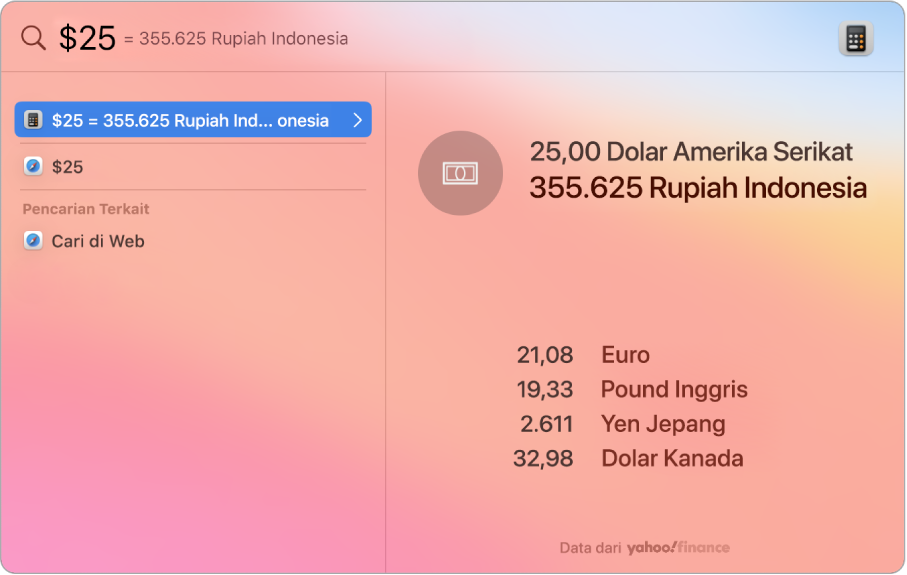 Jepretan layar menampilkan dolar yang dikonversi ke peso dengan hasil teratas menampilkan konversi dan beberapa hasil lainnya yang dapat dipilih.