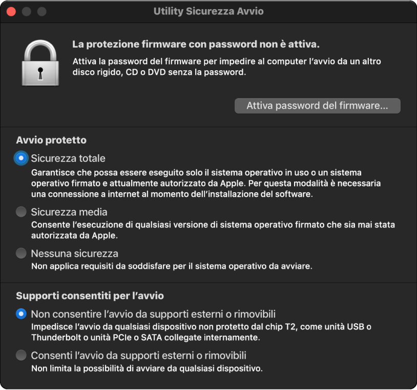 La finestra di Utility Sicurezza Avvio si apre, presentando due opzioni selezionate: una per l'avvio protetto e una per l'avvio esterno.