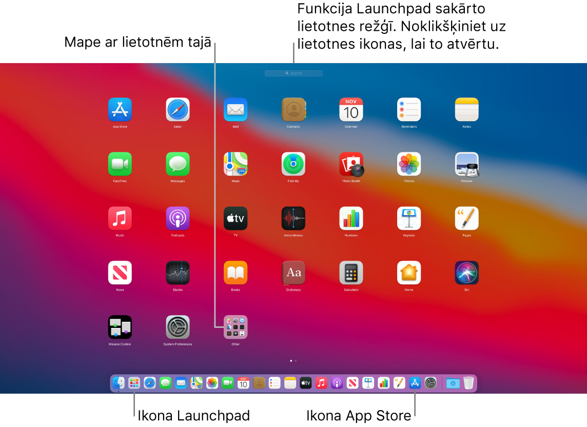 Mac datora ekrāns ar atvērtu funkciju Launchpad; redzama lietotņu mape lietotnē Launchpad, kā arī funkcijas Launchpad un pakalpojuma App Store ikonas joslā Dock.