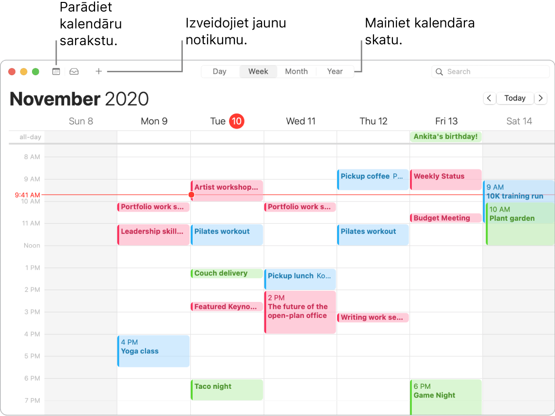 Lietotnes Calendar logā redzams, kā izveidot notikumu, parādīt kalendāru sarakstu un izvēlēties skatu Day, Week, Month vai Year.