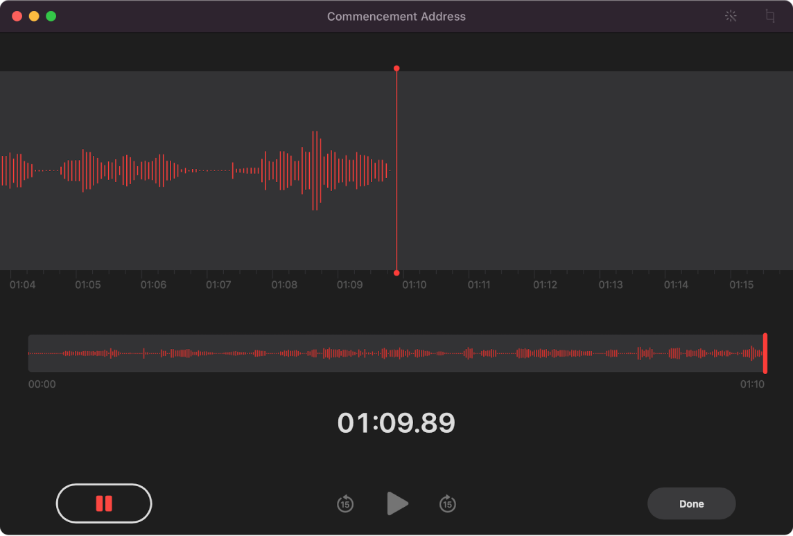 Lietotnes Voice Memos logā redzams ieraksts procesā.