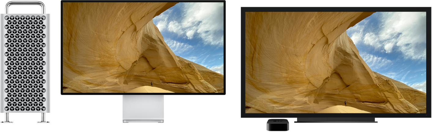Mac Pro dators ar tā saturu spoguļotu lielā HDTV, izmantojot Apple TV ierīci.