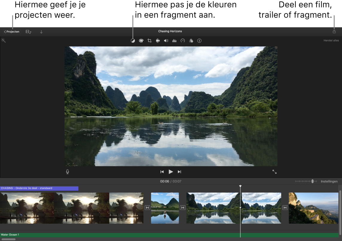 Een iMovie-venster met knoppen voor het weergeven van projecten, het corrigeren en aanpassen van kleuren en het delen van je film, trailer of filmfragment.