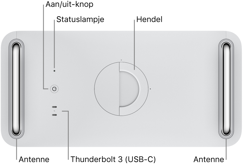 De bovenkant van de Mac Pro met de aan/uit-knop, een indicatielampje voor het systeem, een vergrendeling, een antenne en twee Thunderbolt 3-poorten (USB-C).