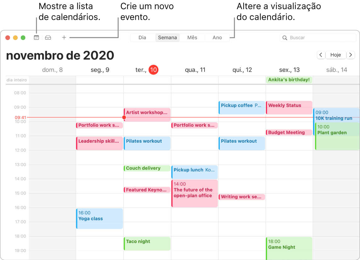 Uma janela do Calendário mostrando como criar um evento, mostrar a lista de calendários e escolher a visualização por Dia, Semana, Mês ou Ano.