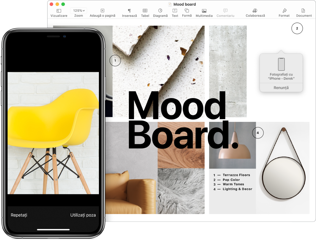 Un iPhone care afișează o poză și ecranul unui Mac afișând un document Pages cu o casetă de indicație în locul unde va fi imaginea.