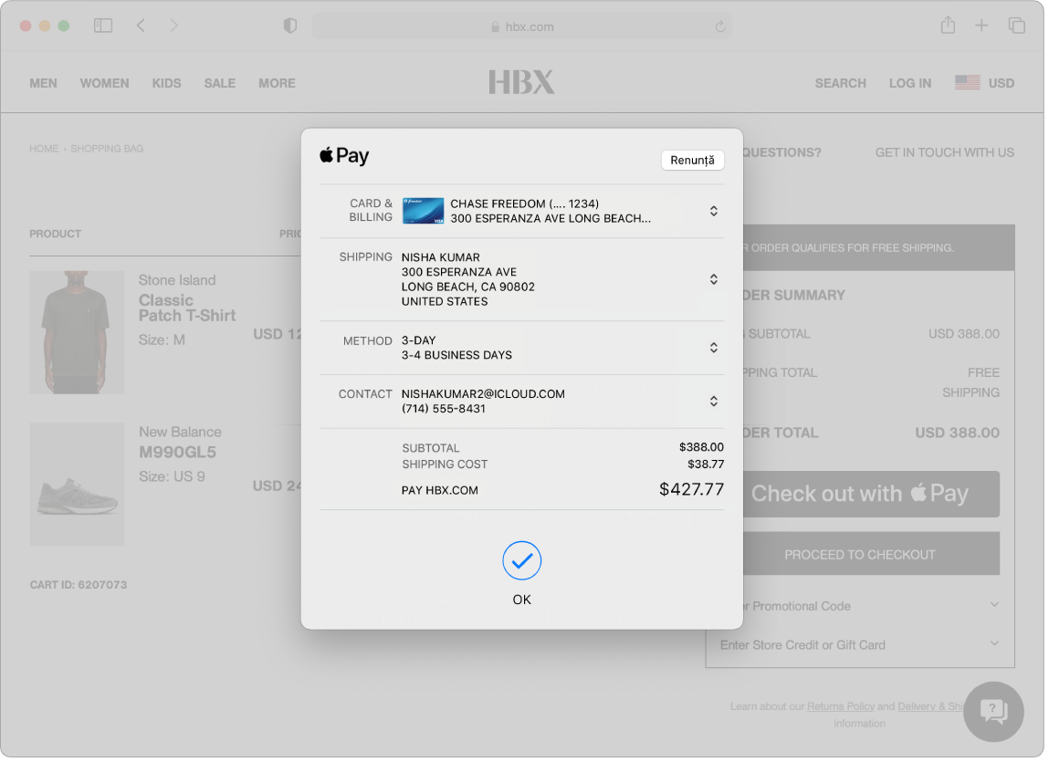 Ecranul unui Mac prezentând o achiziție online în desfășurare realizată prin opțiunea Apple Pay în Safari.