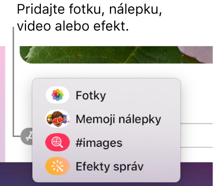 Menu Apky s možnosťami zobrazenia fotiek, Memoji nálepiek, GIF obrázkov a efektov správ.