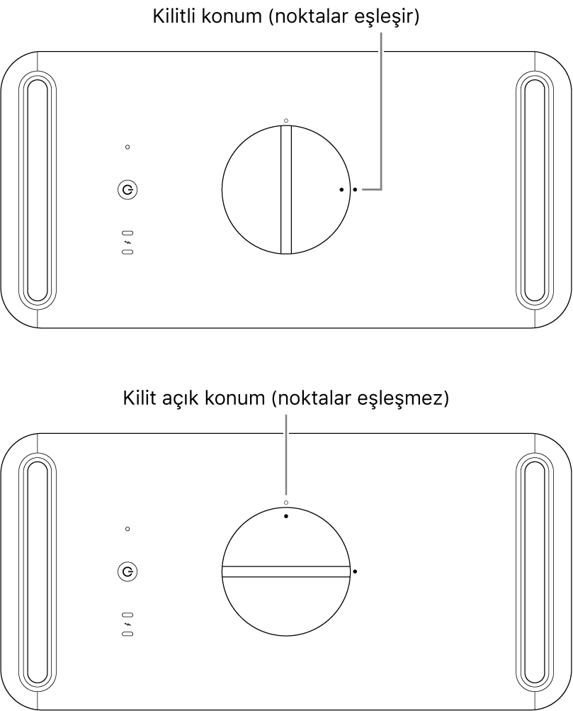 Kilitli ve kilidi açık konumda mandalı gösteren bilgisayar kasasının üstü.