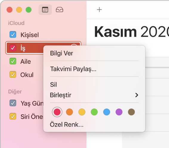 Bir takvimin rengini kişiselleştirme seçeneklerini içeren Takvim kestirme menüsü.