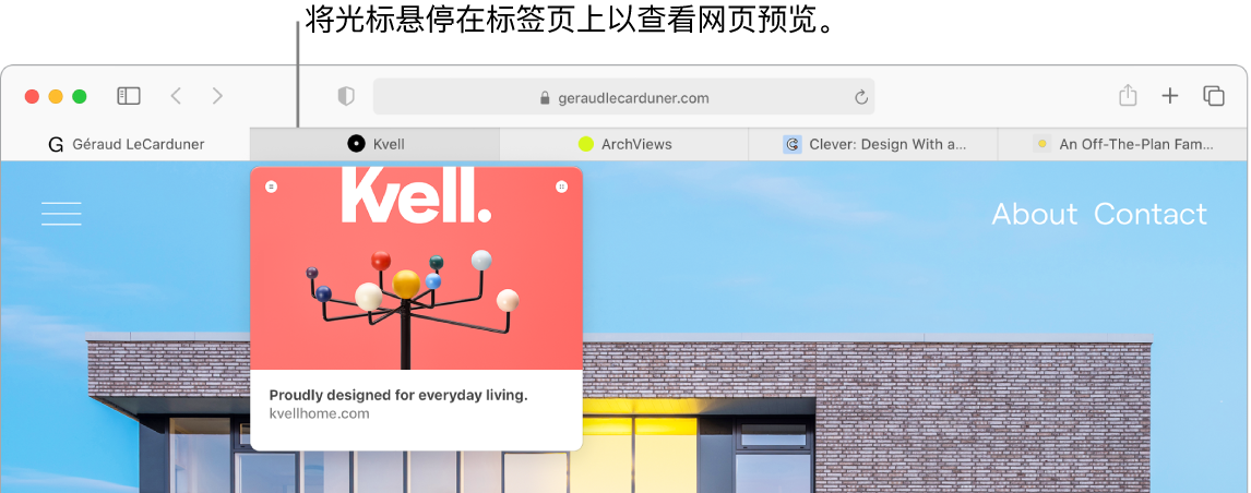 Safari 浏览器窗口，其中五个标签页显示网站图标和标签页标签。一个标签页下方是该标签页内容的预览窗口。
