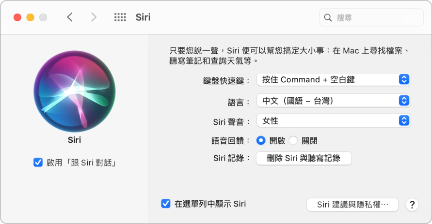 Siri 偏好設定視窗，左側已選取「啟用跟 Siri 對話」；而右側則是自訂 Siri 的數個選項。