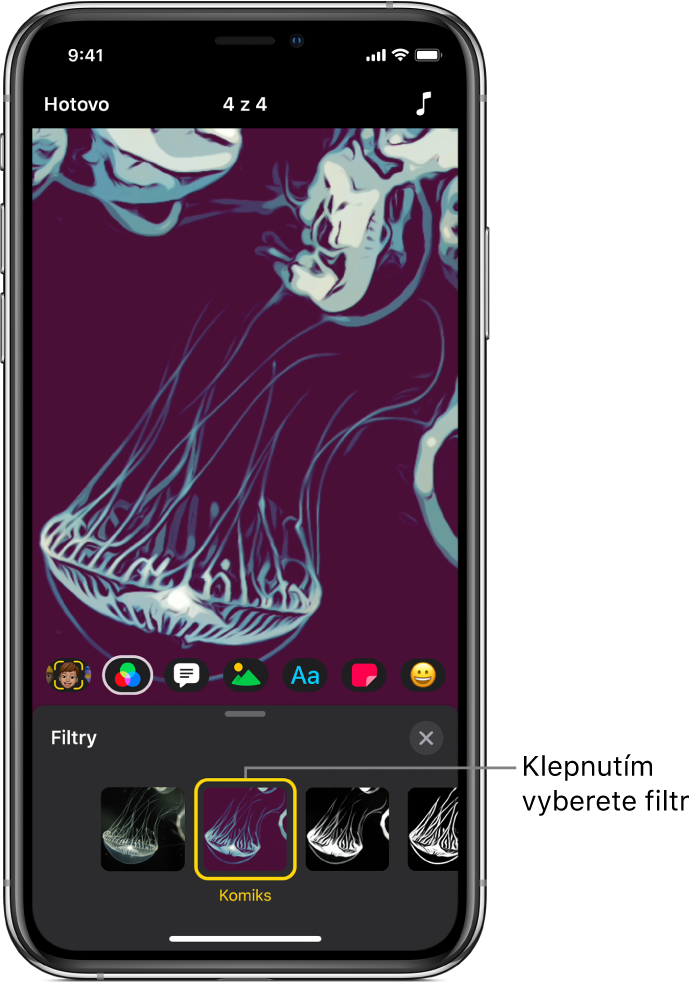 V prohlížeči je zobrazeno použití filtru v klipu s vybraným filtrem Komiks níže