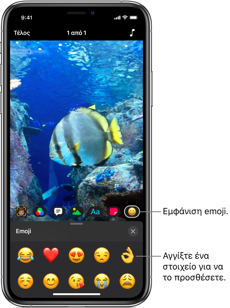 Μια εικόνα βίντεο στο πρόγραμμα προβολής, με επιλεγμένο το κουμπί «Emoji» και emoji που φαίνονται παρακάτω.