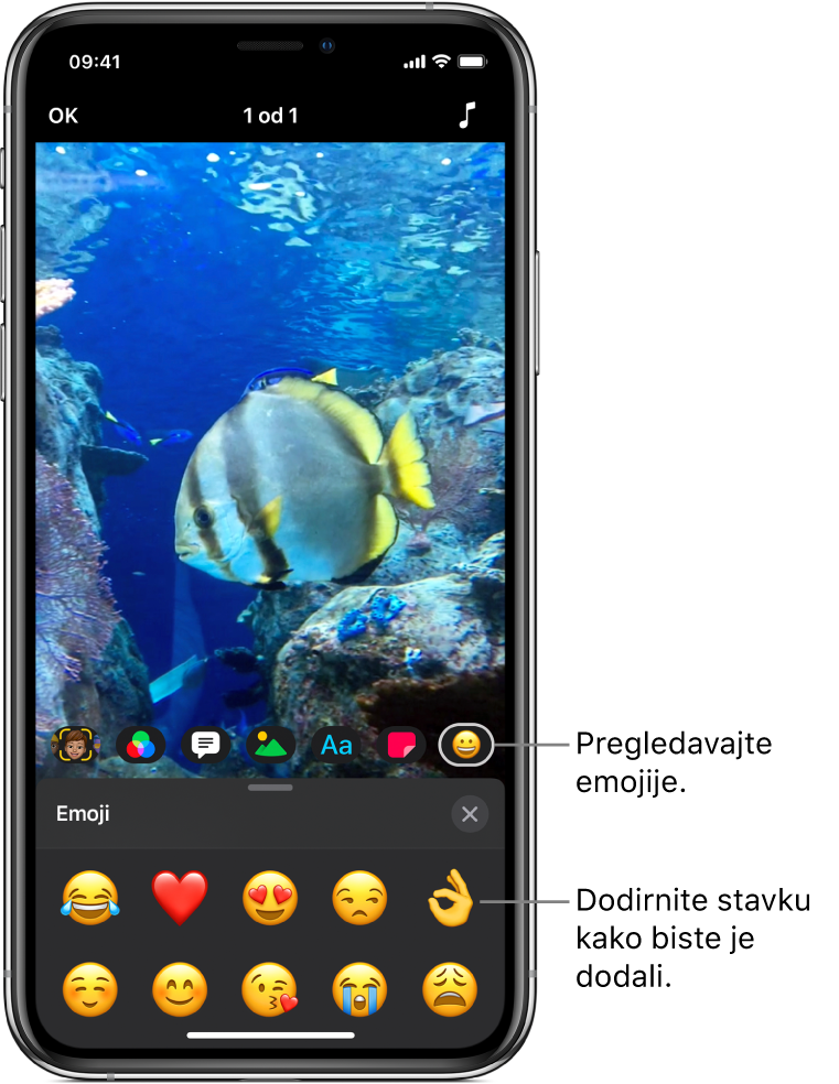 Slika videozapisa u pregledniku, s odabranom tipkom Emoji i emojijem prikazanim ispod.