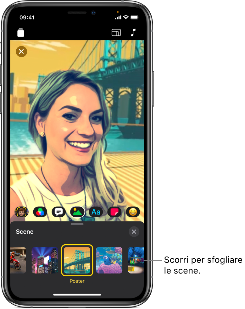 Una scena selfie nel visualizzatore, con le opzioni per le scene sotto.