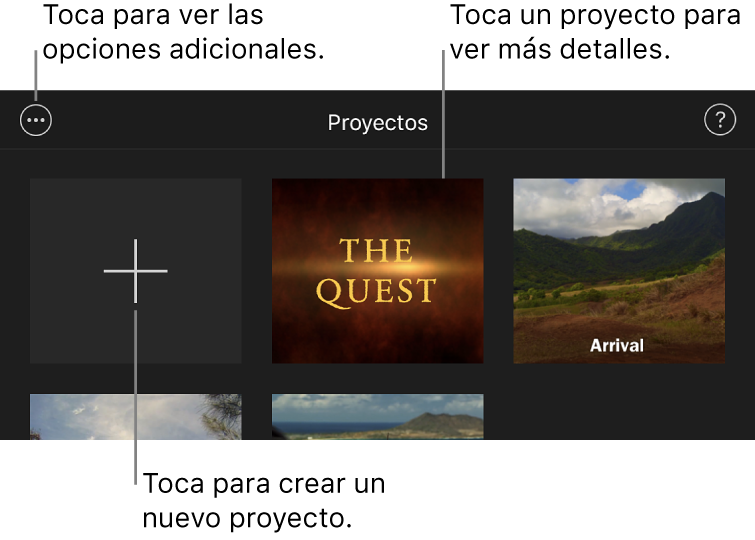 Proyectos en el explorador de proyectos con los botones de "Crear" y "Más opciones" en la parte superior izquierda.