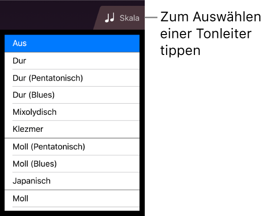 Taste „Skala“ und Tonskalenliste für Saiteninstrumente