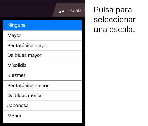 Botón Escala de Cuerdas y lista de escalas