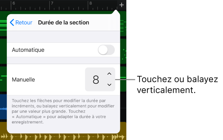 Commandes de modification de la durée d’une section de morceau