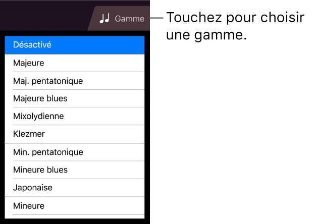 Bouton Gamme de cordes et liste de gammes