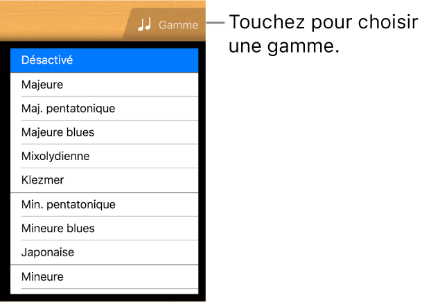 Bouton Gamme de guitare et liste de gammes