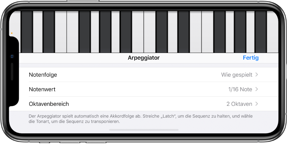 Arpeggiator-Steuerelemente des Keyboards