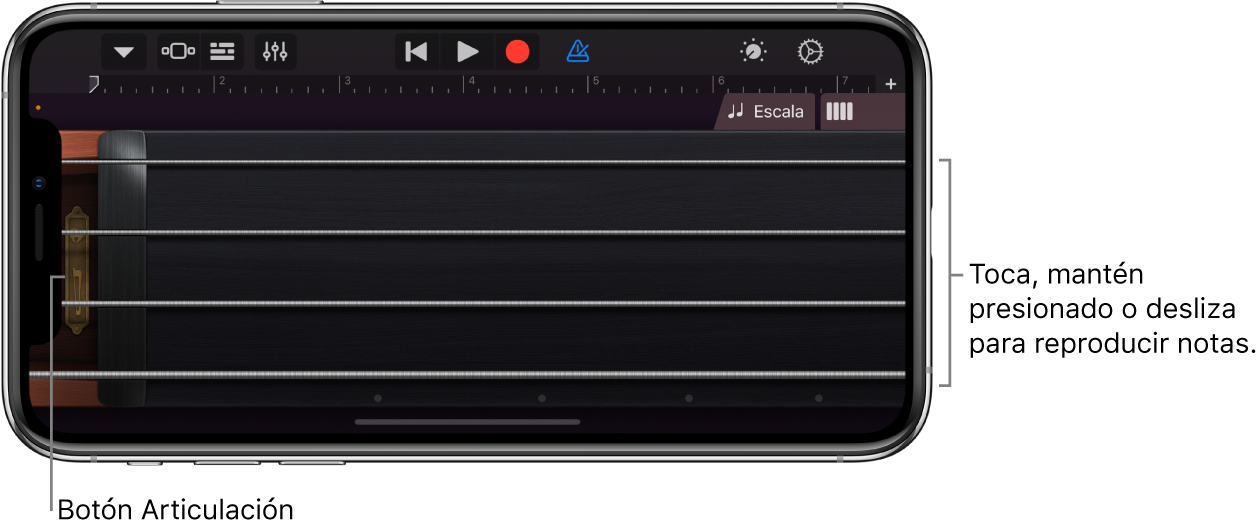 Visualización de notas en el instrumento táctil Cuerdas