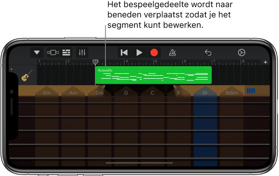 Het bespeelgedeelte wordt naar beneden verplaatst en het segment wordt weergegeven.