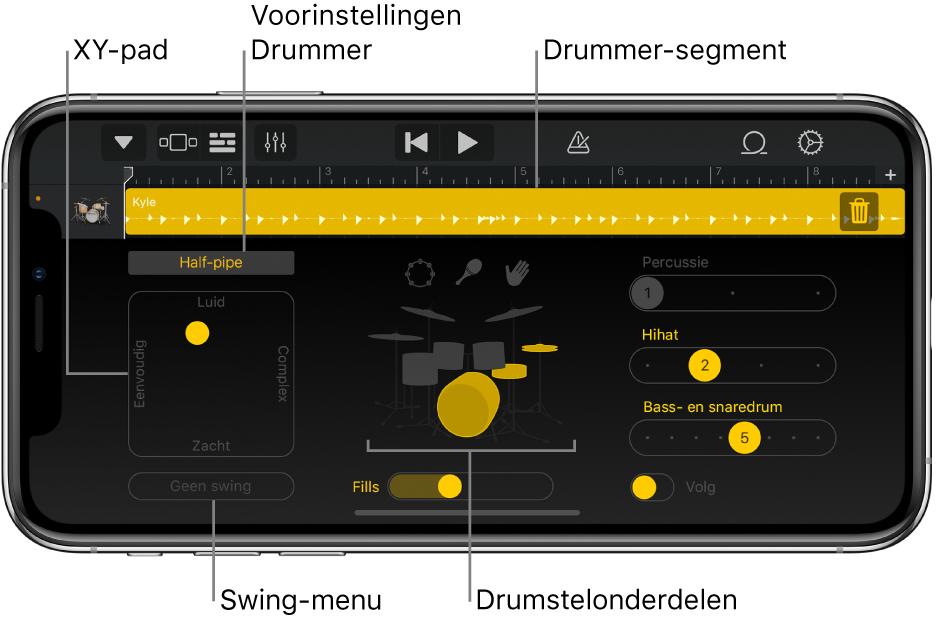 Drummer met uitleg bij de belangrijkste delen van de interface.