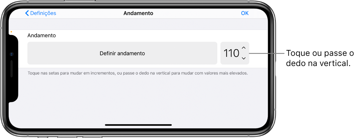 Controlos de andamento nas definições da música