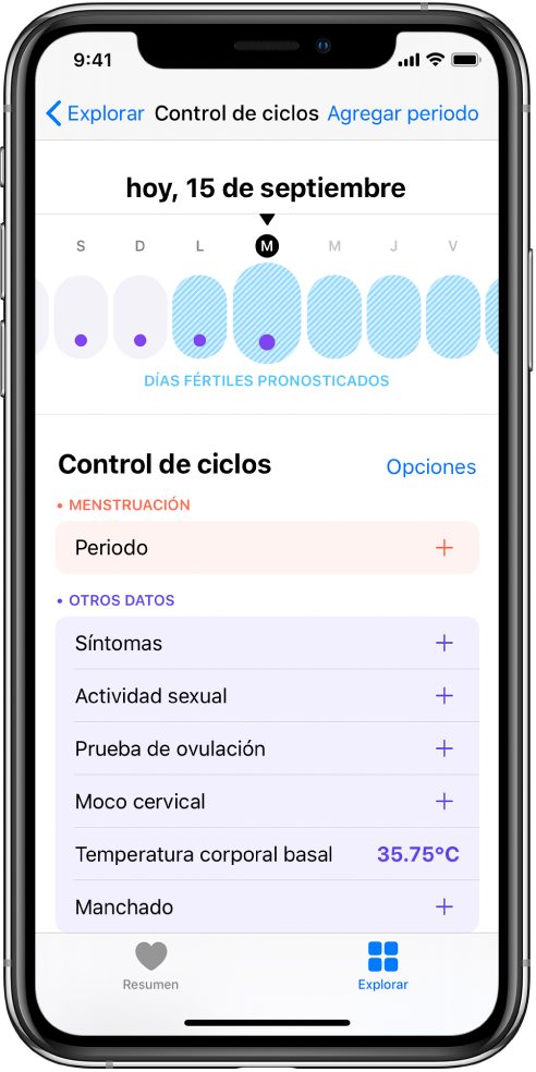 La pantalla de Control de Ciclos mostrando la línea del tiempo de la semana en la parte superior de la pantalla. Los puntos de color morado marcan los primeros cuatro días de la línea del tiempo; y los últimos cinco días están marcados en azul. Debajo de la línea del tiempo hay opciones para agregar información acerca de los periodos, síntomas y más.