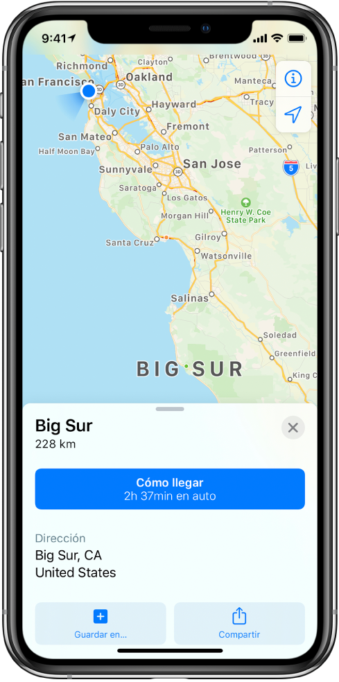 Un mapa con una tarjeta de información de Big Sur. El botón “Cómo llegar” aparece en la tarjeta de información.