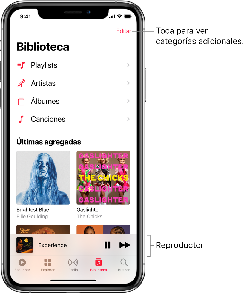 La pantalla Biblioteca mostrando una lista de categorías, incluyendo Playlists, Artistas, Álbumes y Canciones. Debajo de la lista aparece el encabezado "Agregadas recientemente". El reproductor mostrando el título de la canción actual y los botones Pausa y Siguiente, que aparecen cerca de la parte inferior.