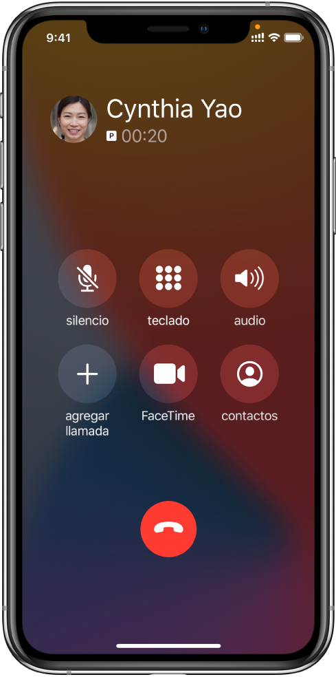 La pantalla del iPhone donde se muestran los botones correspondientes a las opciones que aparecen durante una llamada. En la fila superior, de izquierda a derecha, se encuentran los botones Silenciar, Teclado y Altavoz. En la fila inferior, de izquierda a derecha, se encuentran los botones Agregar llamadas, FaceTime y Contactos.