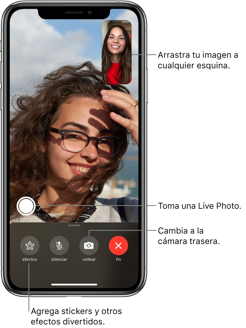 La pantalla de FaceTime mostrando una llamada en progreso. Tu foto aparece en un rectángulo pequeño en la parte superior derecha, y la imagen de la otra persona llena el resto de la pantalla. A lo largo de la parte inferior de la pantalla se muestran los botones Efectos, Silencio, Voltear y Finalizar. El botón para tomar una Live Photo se encuentra arriba de ellos.