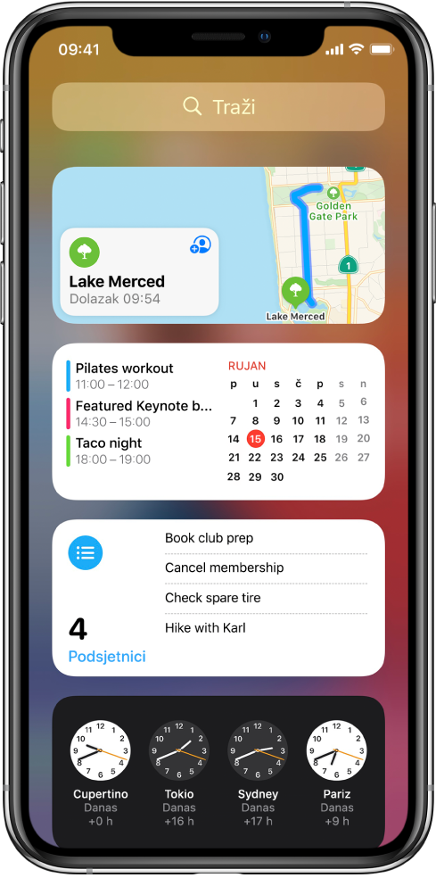Widget Karte i tri druga widgeta na zaslonu iPhonea.