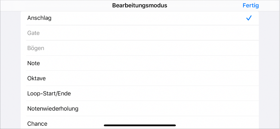 Unterzeile mit dem Menü „Bearbeitungsmodus“.