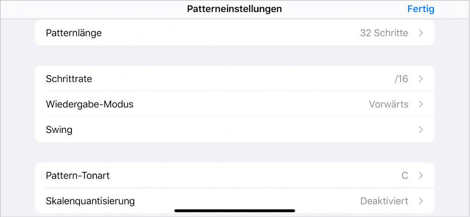 Menü „Patterneinstellungen“.