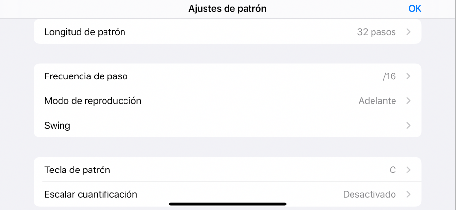 Menú “Ajustes de patrón”.