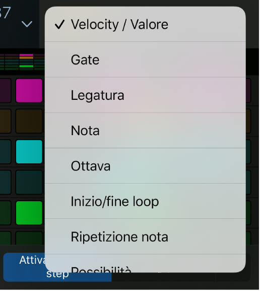 Selettore delle modalità di modifica con il menu aperto che mostra le modalità di modifica.