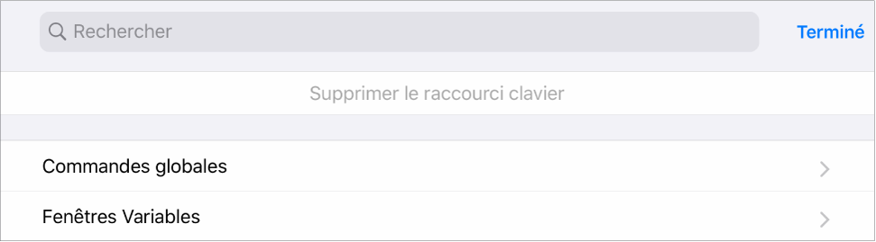 Figure. Volet Raccourcis clavier.