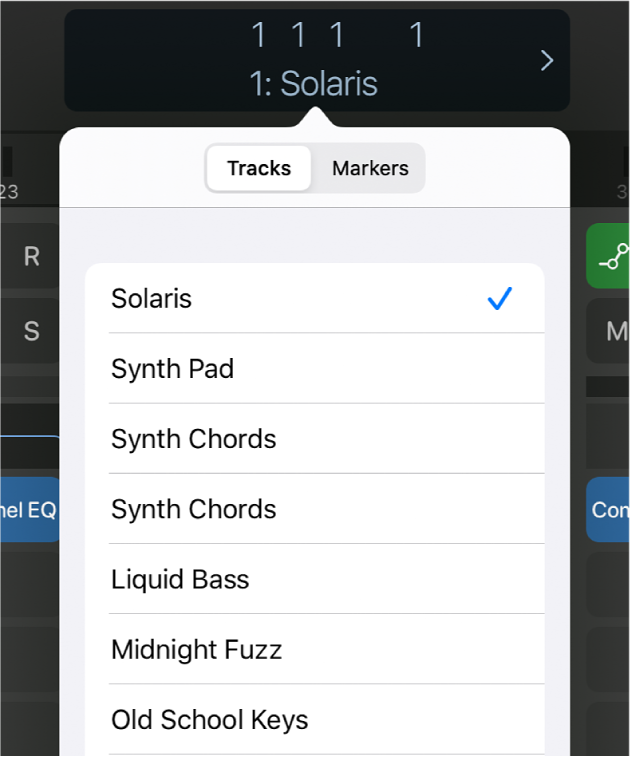 Figure. List of tracks underneath the control bar display.