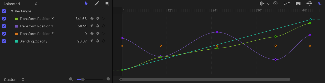 Bereich „Zeitverhalten“ mit dem Keyframe-Editor